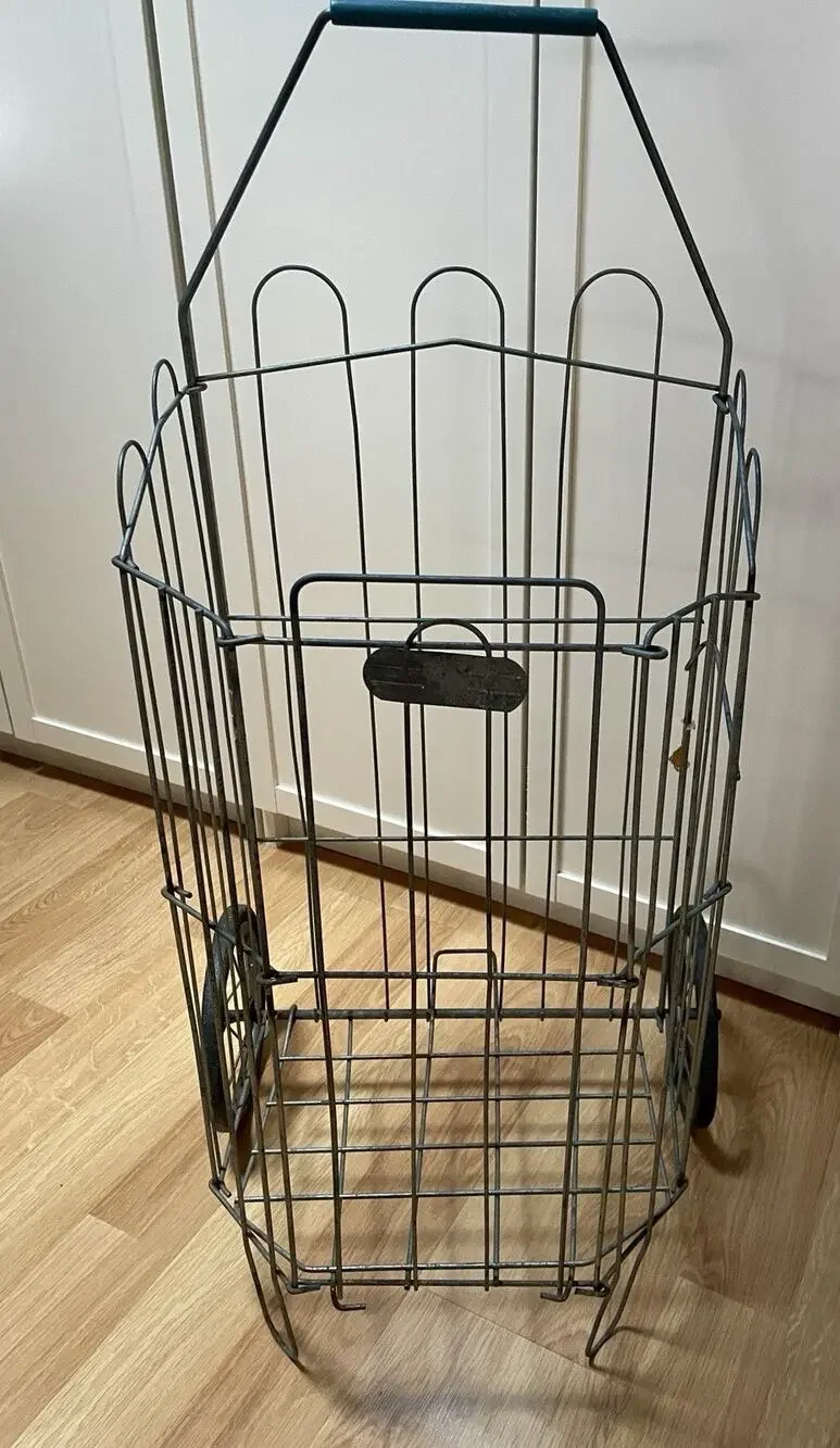 Vintage Folding Shopping Cart French Market Metal Laundry Basket Towel Storage